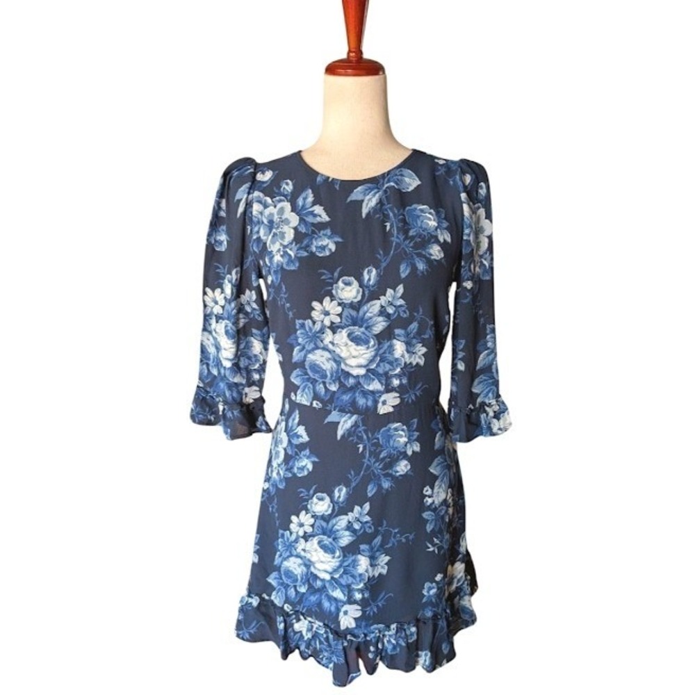 Reformation Doutzen Blue Floral Print Ruffle Mini Dress Size 10 Runs Small